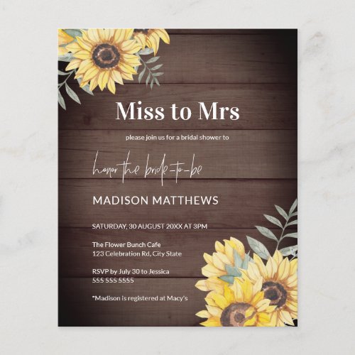 Budget Rustic Sunflower Miss to Mrs Shower Invite Flyer