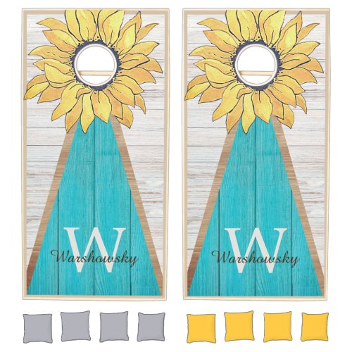 Budget Rustic Sunflower Teal Blue Wood Monogram Cornhole Set