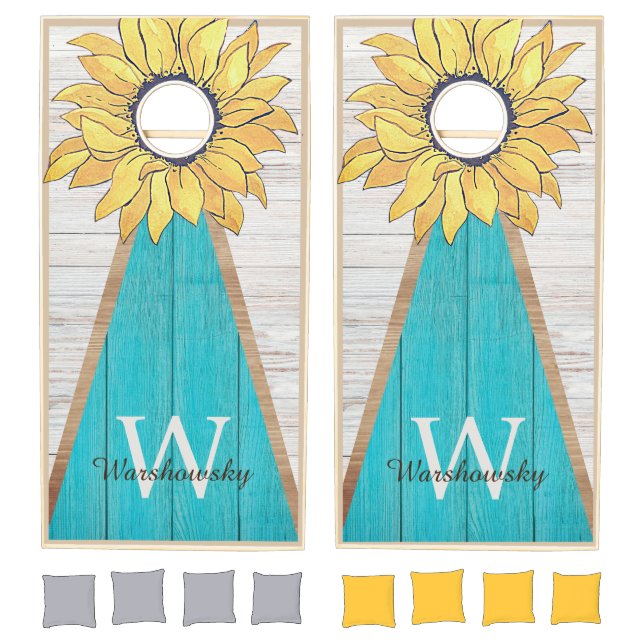 Budget Rustic Sunflower Teal Blue Wood Monogram Cornhole Set (Set)
