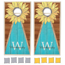 Budget Rustic Sunflower Teal brown Wood Monogram