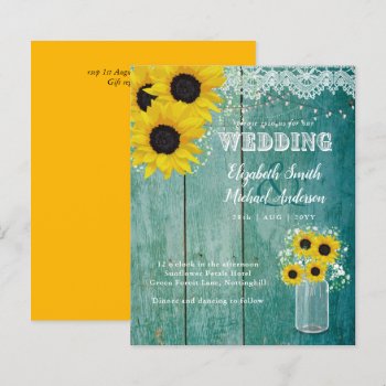 BUDGET Rustic Sunflower Teal Yellow Wedding Invite