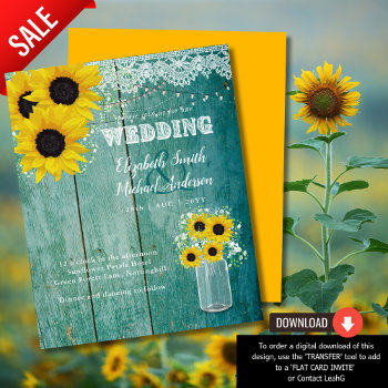 Budget Rustic Sunflower Teal Yellow Wedding Invite by invitationz at Zazzle