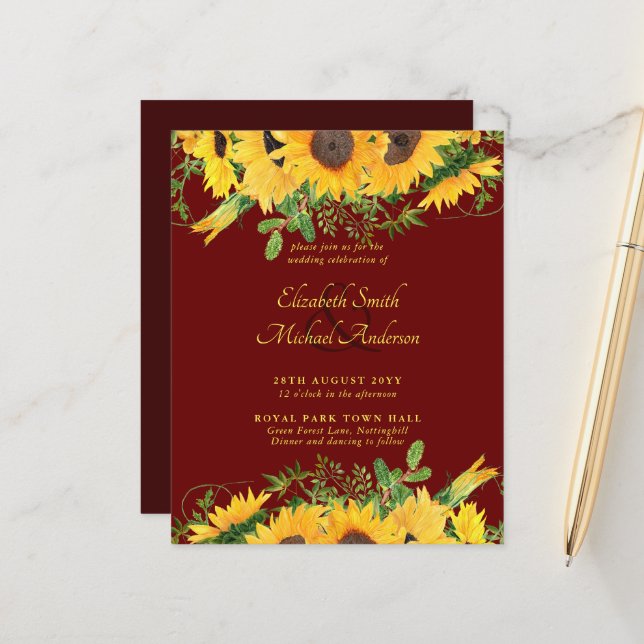 BUDGET Rustic Sunflower Themed Wedding Invite (Front/Back In Situ)