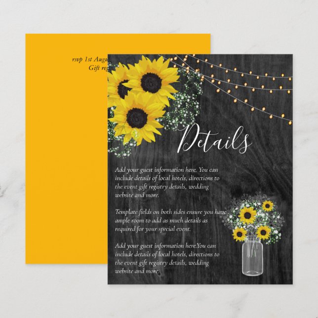 BUDGET Rustic Sunflower Wedding Details Enclosure (Front/Back)