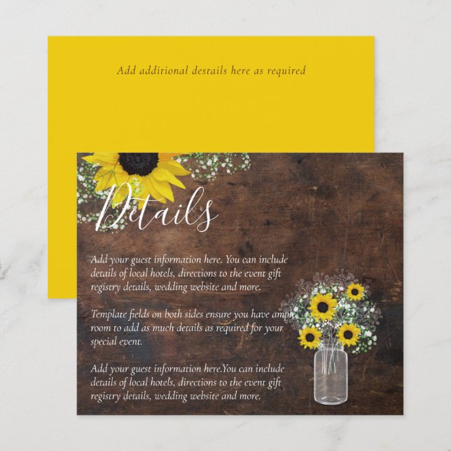 BUDGET Rustic Sunflower Wedding Details Enclosure (Front/Back)