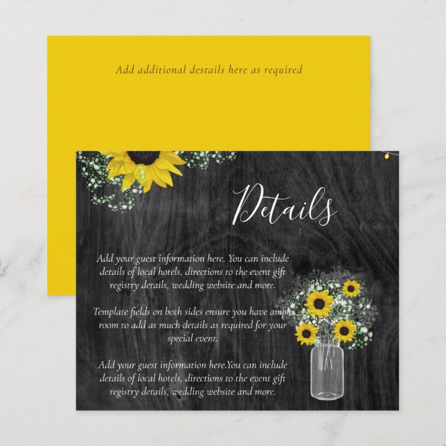 BUDGET Rustic Sunflower Wedding Details Enclosure (Front/Back)