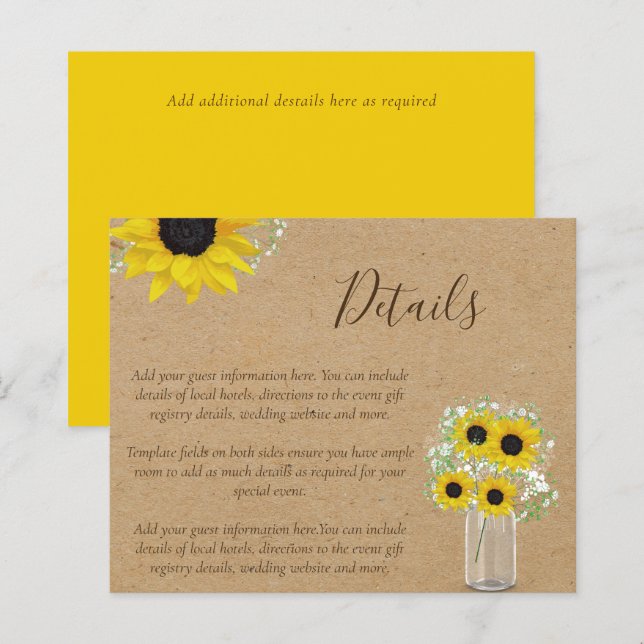 BUDGET Rustic Sunflower Wedding Details Enclosure (Front/Back)