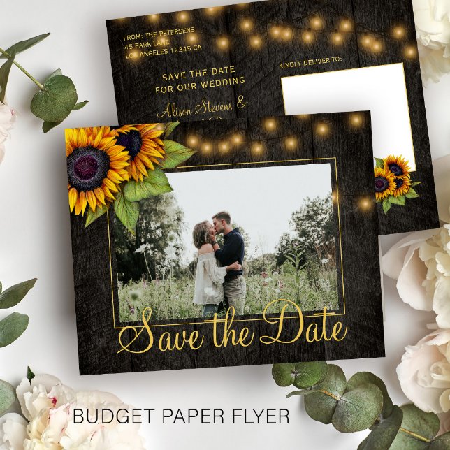 Budget rustic sunflower wedding save the date flyer