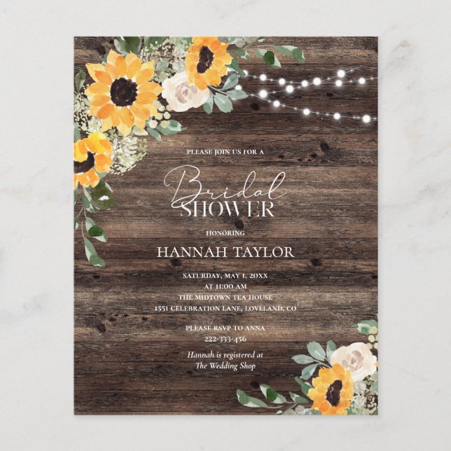 Budget Rustic Sunflower Wood Bridal Shower Invite (Front)