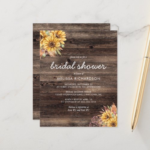 Budget Rustic Sunflower Wood Bridal Shower Invite