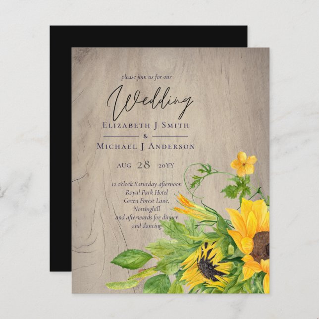 BUDGET Rustic Sunflower Woodland Wedding Invite (Front/Back)