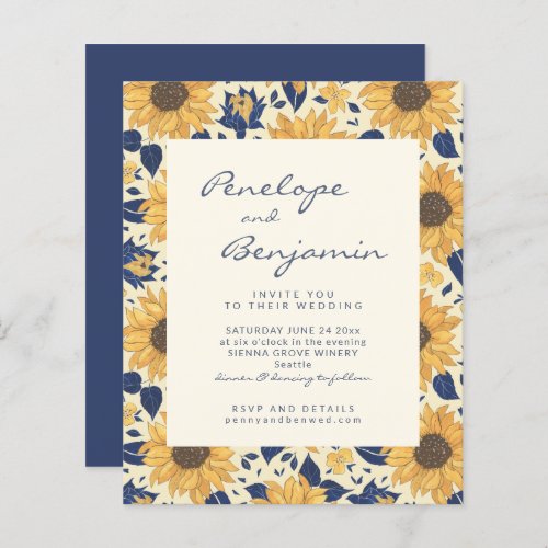 Budget Rustic Sunflower Yellow Blue Wedding Invite