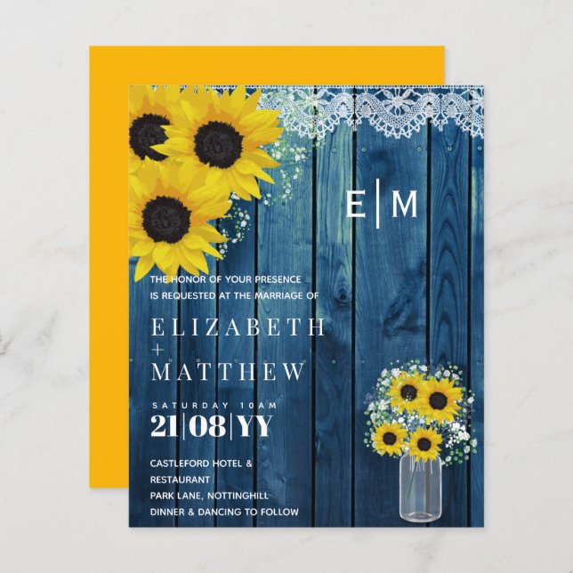 BUDGET Rustic Sunflowers Blue Wedding Invite (Front/Back)