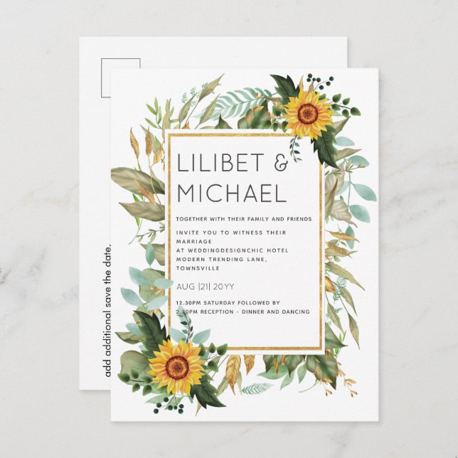 Budget Rustic Sunflowers BOHO Greenery Wedding Inv Postcard (Front/Back)