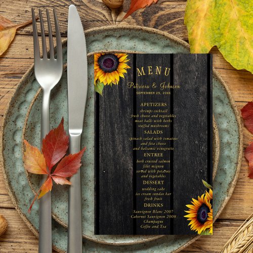 Budget rustic sunflowers chic wedding menu flyer