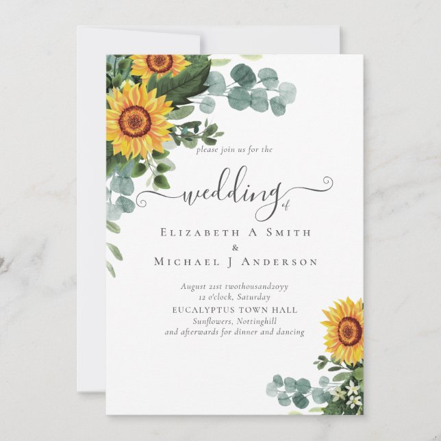 BUDGET Rustic Sunflowers Eucalyptus Leaves Wedding Invitation (Front)
