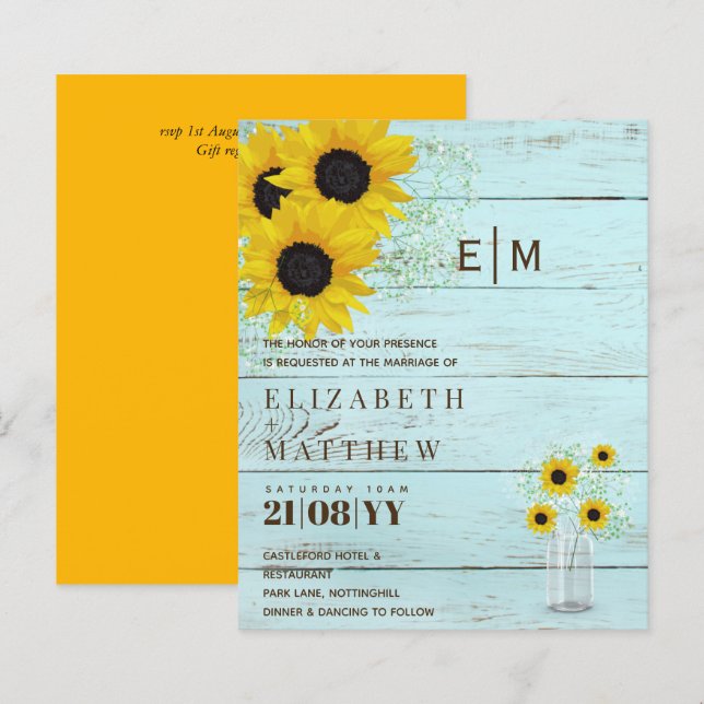 BUDGET Rustic Sunflowers Gypsophila Wedding Invite (Front/Back)
