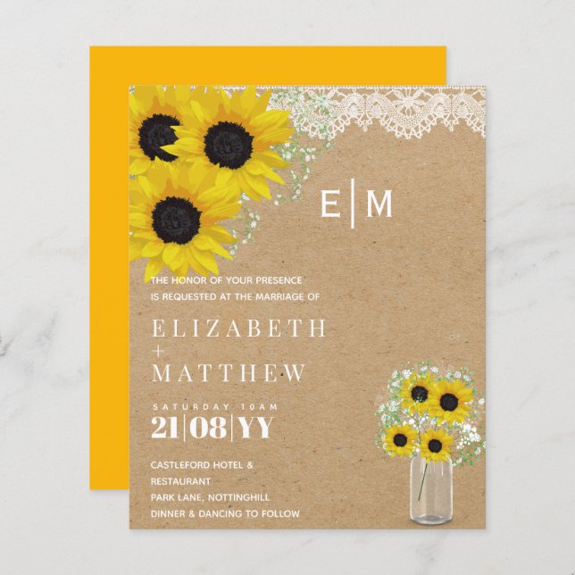 BUDGET Rustic Sunflowers Gypsophila Wedding Invite (Front/Back)