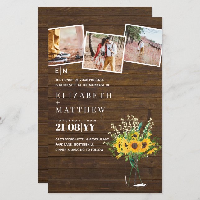 BUDGET Rustic Sunflowers mason Jar Wedding Invite (Front/Back)