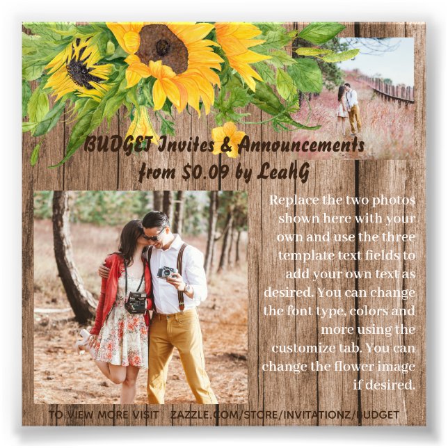 BUDGET Rustic Sunflowers Photo Text Template Print (Front)