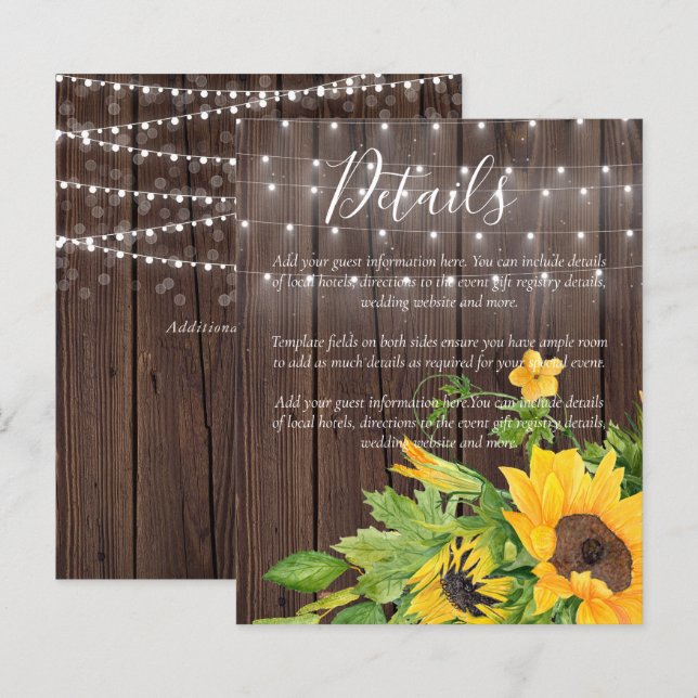 BUDGET Rustic Sunflowers Wedding Details Enclosure (Front/Back)