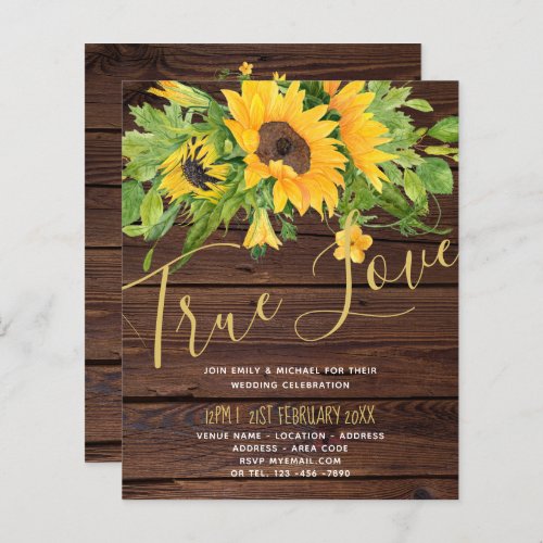 Budget Rustic Sunflowers Wood Wedding Invitations