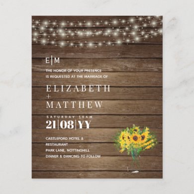 BUDGET Rustic Sunflowers Woodland Wedding Invite