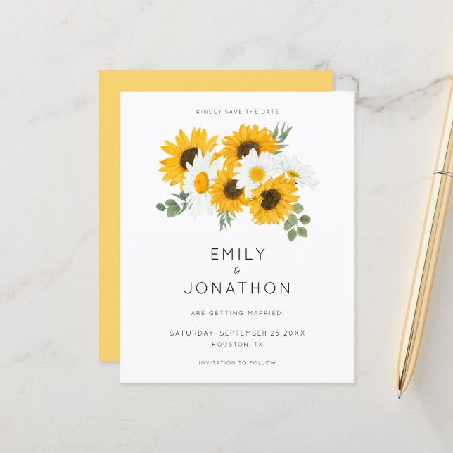 Budget Rustic Sunflowers Yellow Save The Date (Front/Back In Situ)