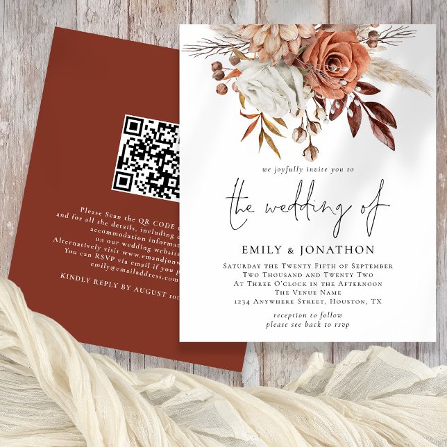 Budget Rustic Terracotta Florals QR Code Wedding (Front and back view)