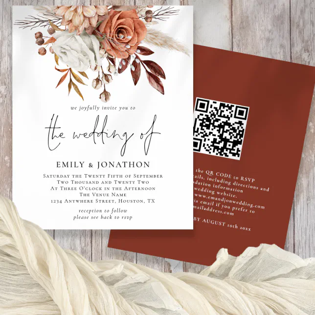 Budget Rustic Terracotta Florals QR Code Wedding Flyer | Zazzle