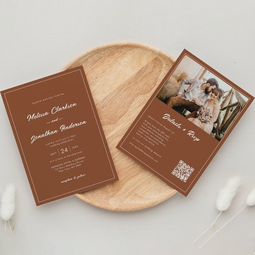 Budget Rustic Terracotta Photo QR Code Wedding Invitation