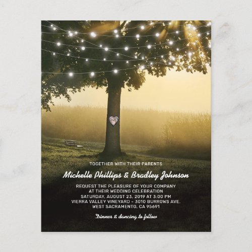 Budget Rustic Tree Lights Wedding Invitation - Budget rustic wedding invitations featuring a misty outdoor country wedding setting, romantic string twinkle lights, a carved heart on the trunk of the tree with your initials, and a modern wedding template.