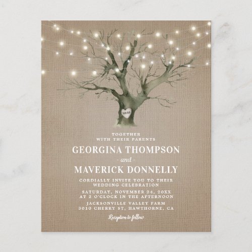Budget Rustic Tree Lights Wedding Invitation - Budget woodland wedding invitations featuring a rustic burlap background, a watercolor tree trunk, a carved heart with your initials, string twinkle lights, and an elegant wedding template.