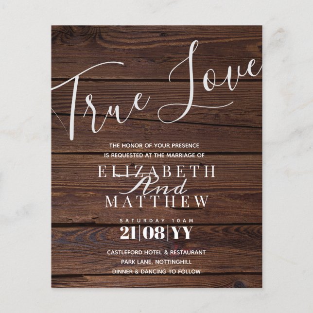Budget Rustic Typography Wood Wedding Invitation (Front)
