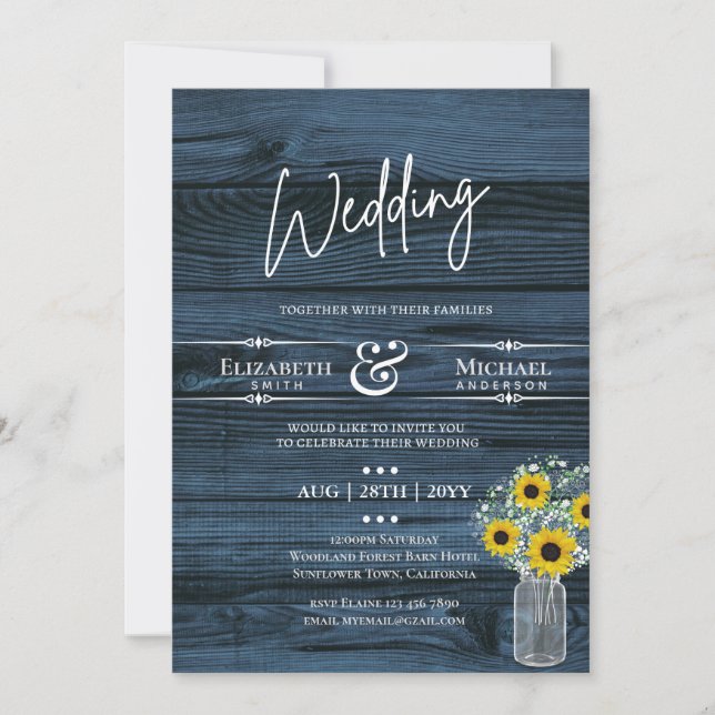 BUDGET Rustic Wedding Blue Yellow Sunflower Invite (Front)