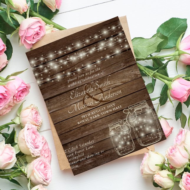 Budget Rustic Wedding Invitation Mason Jars Lights (Creator Uploaded)