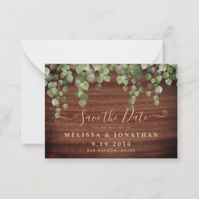 Budget Rustic Wedding Save The Date Eucalyptus Note Card (Front)