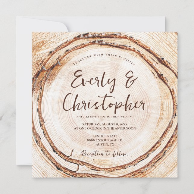 Budget Rustic Wedding Wood Cut Slice Customizable Invitation (Front)
