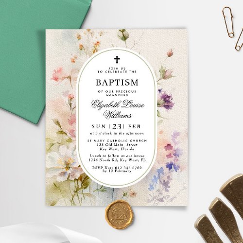 Budget Rustic Wildflowers Baptism Invitation