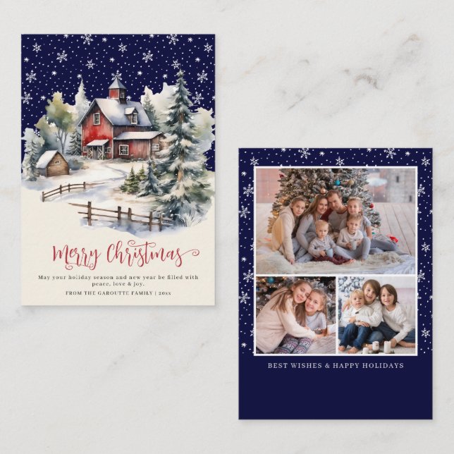 Budget  Rustic Winter 3 Photo Merry Christmas Note Card (Front/Back)