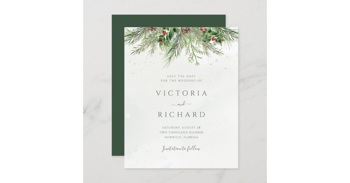 Budget Rustic Winter Greenery Save The Date | Zazzle