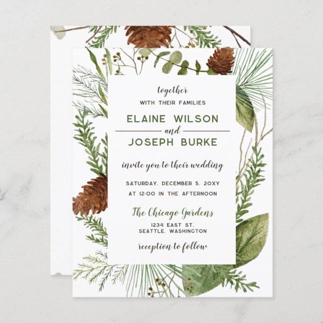 Budget Rustic Winter Pine cone Wedding Invitation (Front/Back)