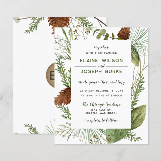 Budget Rustic Winter Pine cone Wedding Invitation | Zazzle