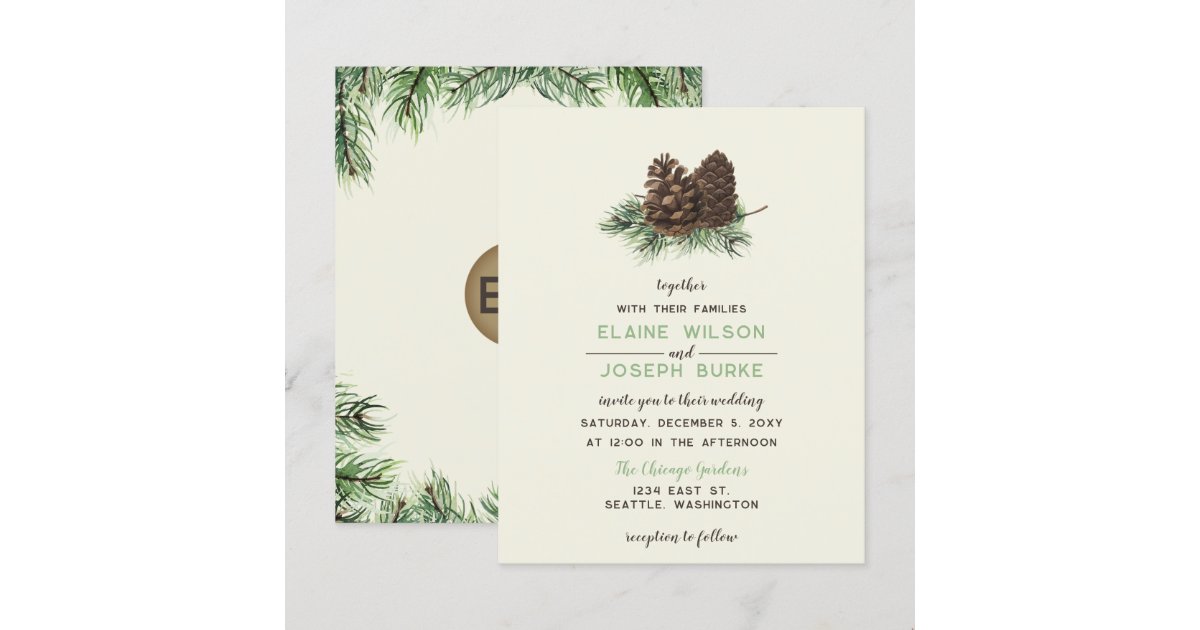 Budget Rustic Winter Pine Cone Wedding Invitation | Zazzle