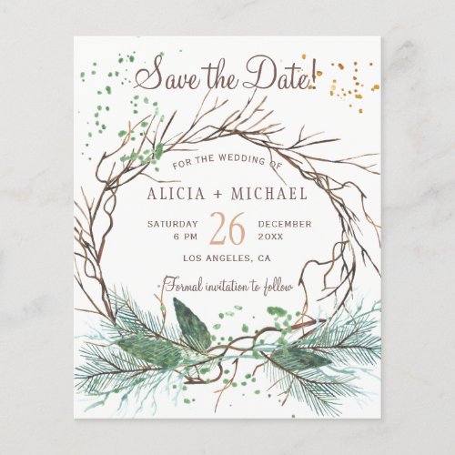 Budget rustic winter wreath wedding save the date
