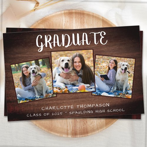 Budget Rustic Wood 3 Photo Graduation Announcement