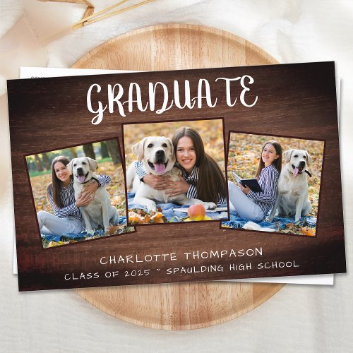 Budget Rustic Wood 3 Photo Graduation Announcement