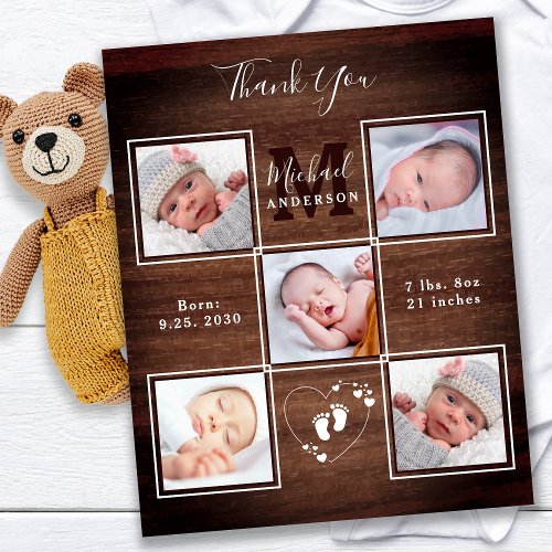 Budget Rustic Wood 5 Photo New Baby Thank You Card