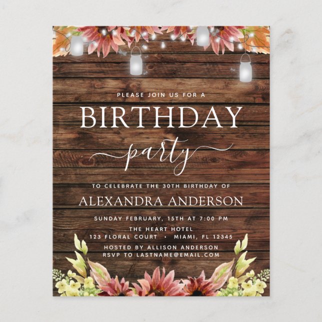 Budget Rustic Wood Autumn Sunflowers 30th Birthday Flyer (Front)