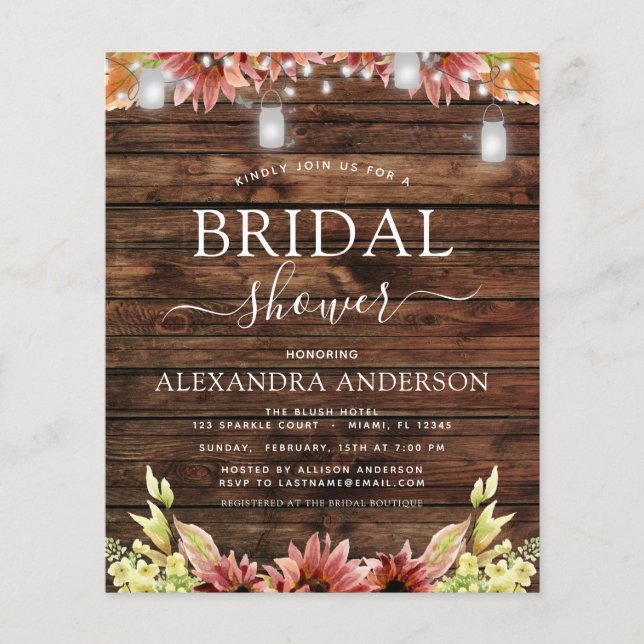 Budget Rustic Wood Autumn Sunflowers Bridal Shower Flyer (Front)